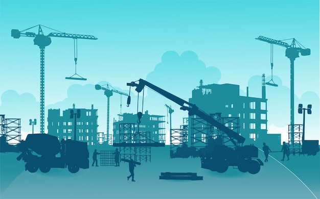 Ingénieur silhouette et équipe de construction travaillant sur le site Illustration vectorielle