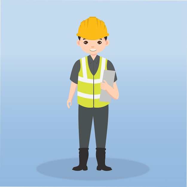 Vecteur ingénieur de terrain utilisant un travailleur de gilet de signalisation de casque dans un personnage de dessin animé de pose différente