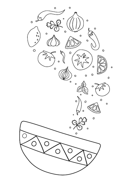 Des Ingrédients Crus Frais Pour La Salsa De Sauce Tomate Mexicaine Tombent Dans Le Bol Illustration Vectorielle Plane