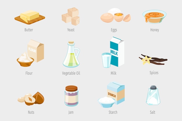 Vecteur ingrédients de cuisson en style cartoon. ensemble d'icônes alimentaires vectorielles. huile végétale, farine et miel, confiture et noix, épices et illustration de sucre