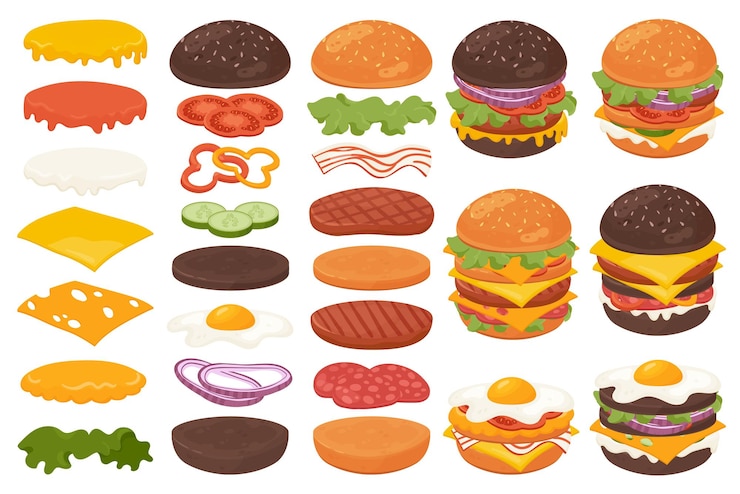 Vecteur ingrédients de hamburger ou de sandwich set côtelette de bœuf et tranches de bacon de fromage légume