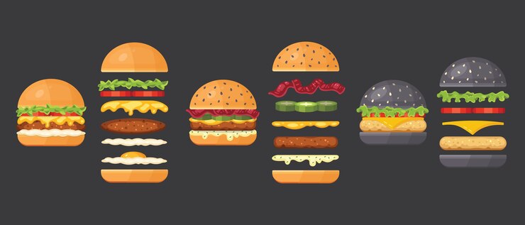 ingrédients pour burger classique isolé sur blanc. Ingrédients pain, escalope, fromage, bacon, sauce, petits pains, tomate, oignon, concombres, jambon de boeuf. Ingrédient de restauration rapide pour les hamburgers.
