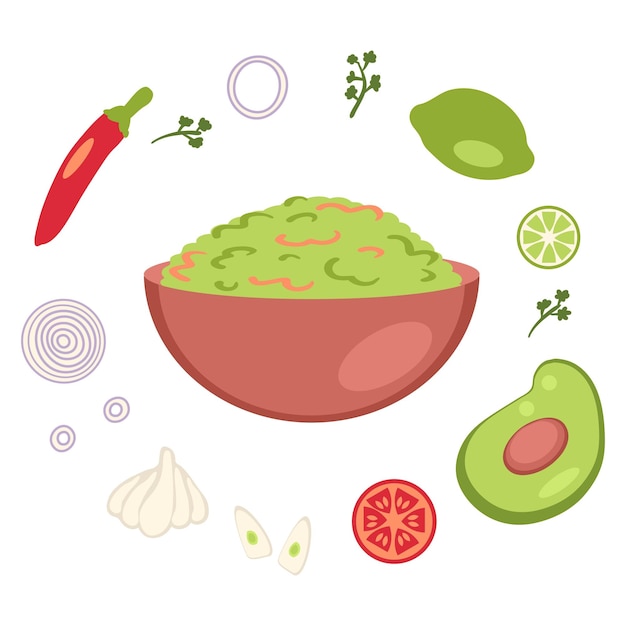 Ingrédients De La Recette De Sauce épicée Mexicaine Au Guacamole Parfait Pour Le Menu Et L'impression D'autocollants En T-shirt Illustration Vectorielle Isolée Pour La Décoration Et Le Design