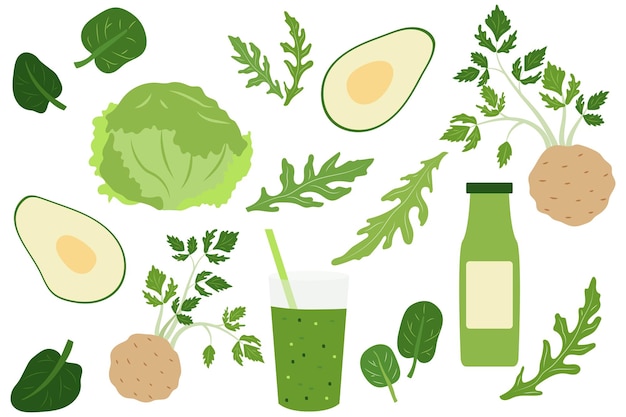 Ingrédients verts sains et illustration de smoothie avec des verts et des légumes d'avocat