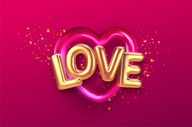 Inscription de ballons Love sur le fond des confettis de paillettes d'or de couleur et du ballon coeur rouge. Illustration vectorielle Illustration vectorielle EPS10