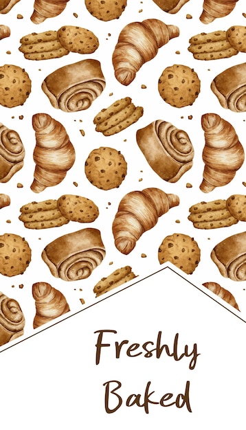 Vecteur inscription des petits pains fraîchement cuits et des croissants en spirale des biscuits au rouleau de cannelle pâtisserie aquarelle