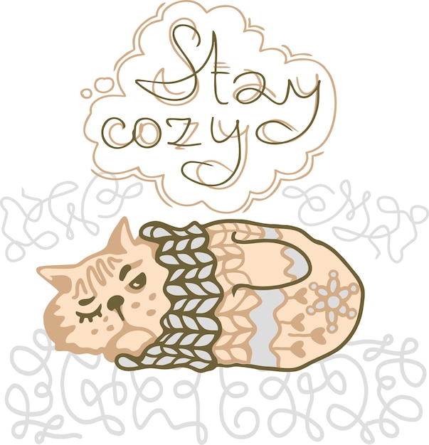 L'inscription Stay Cosy Et Le Chat Sont Montés Dans Une Mitaine Tricotée.