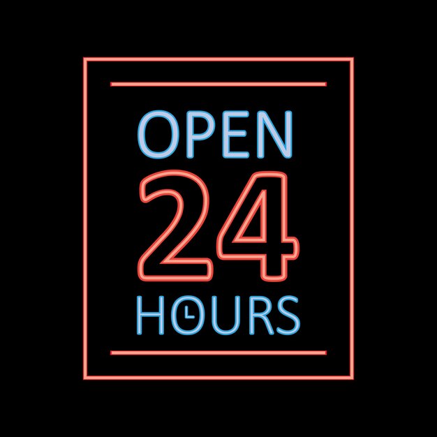 Vecteur inscription vectorielle ouverte 24 heures sur affichage au néon de texte et de chiffres pour les magasins et les entreprises 24 7