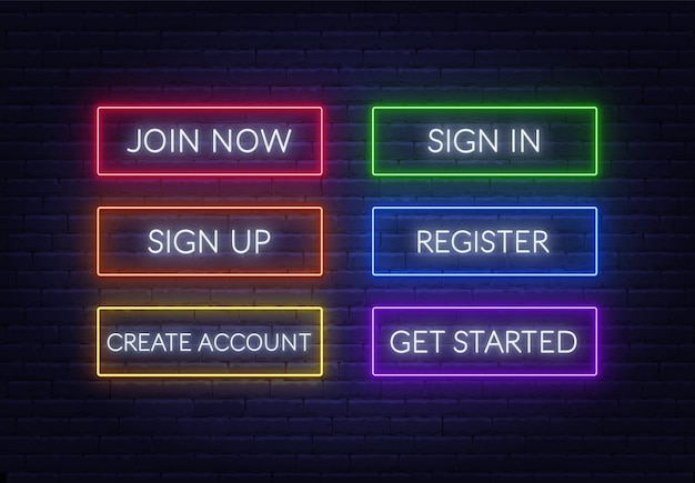 Inscrivez-vous Maintenant, Connectez-vous, Inscrivez-vous, Inscrivez-vous, Créez Un Compte, Commencez à Signer Au Néon Sur Un Fond De Brique. Boutons Lumineux Multicolores.