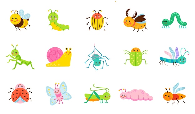 Vecteur insectes de dessin animé mignon chenille et papillon drôles enfants insectes insectes moustiques et araignées