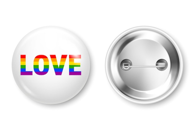 Insigne blanc réaliste avec drapeau arc-en-ciel LGBT gay gay bisexuel transgenre symbole d'amour fierté