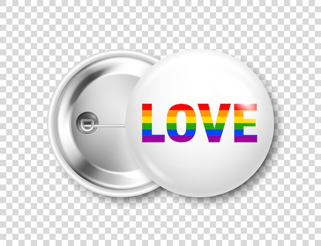 Insigne blanc réaliste avec drapeau arc-en-ciel LGBTQ lesbien gay bisexuel transgenre symbole d'amour et de fierté