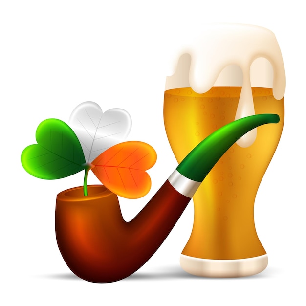 Vecteur insigne de célébration de la fête de saint-patrick avec des feuilles de trèfle irlandais de bière et des éléments de pipe à fumer