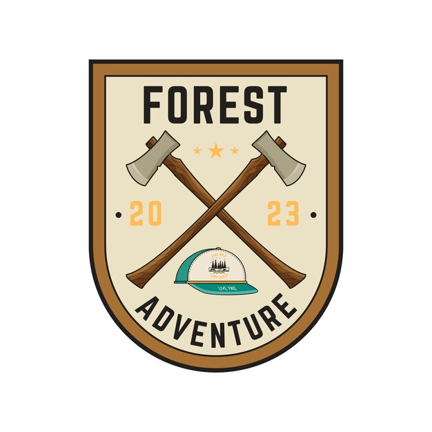 Vecteur insigne de logo de camping forestier vintage avec un design sur le thème de la nature, y compris des axes rétro étiquette de voyage vectorielle de stock isolée