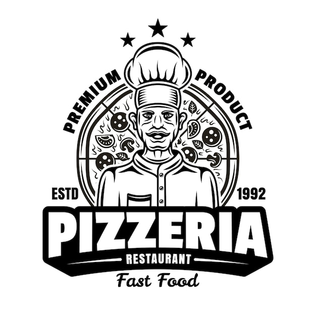 Vecteur insigne de logo emblème vectoriel pizzeria ou étiquette avec chef dans un style monochrome vintage isolé sur blanc modèle de logotype de livraison de restauration rapide