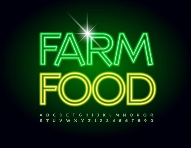 Insigne De Qualité Vectorielle Farm Food Green Neon Font Glowing Light Set Of Alphabet Letters And Numbers