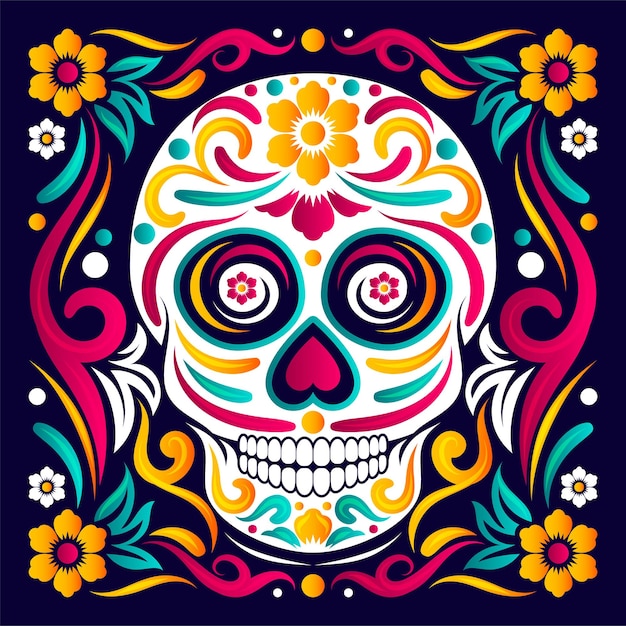 Insigne rond ou autocollant du jour du crâne mort Illustration décorative Dia de los Muertos