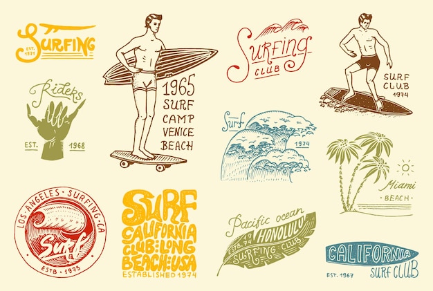 Vecteur insigne de surf et palmier à vagues et tropiques océaniques et homme californien sur l'été de la planche de surf