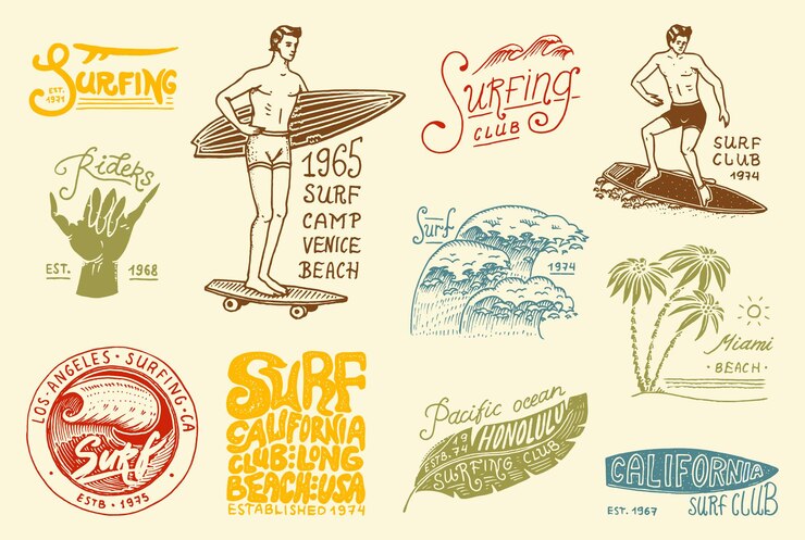 Vecteur insigne de surf et palmier à vagues et tropiques océaniques et homme californien sur l'été de la planche de surf