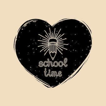 Insigne de temps scolaire vintage de vecteur en forme de coeur signe d'éducation des enfants rétro avec crayon et rayons