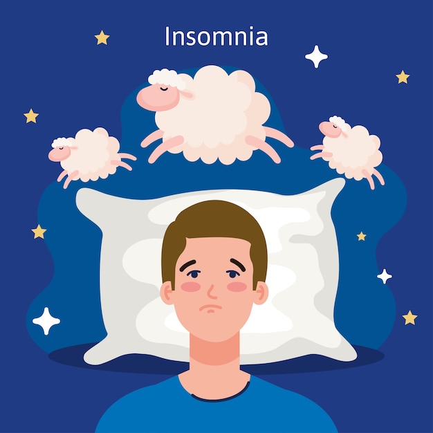 Insomnie Homme Sur Lit Avec Oreiller Et Moutons Design, Thème Du Sommeil Et De La Nuit