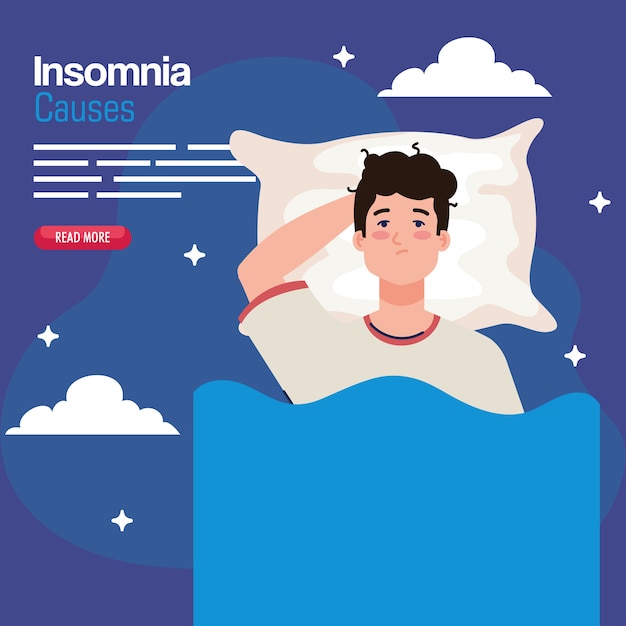 L'insomnie Sause L'homme Sur Le Lit Avec La Conception D'oreillers Et De Nuages, Le Thème Du Sommeil Et De La Nuit