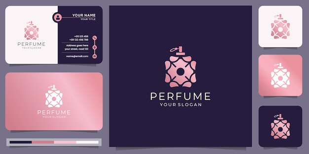 Vecteur inspiration de modèle de logo de parfum en or rose avec modèle de carte de visite