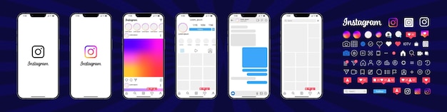 Vecteur instagram design set instagram écran médias sociaux et modèle d'interface de réseau social instagram cadre photo histoires aime le flux vecteur éditorial