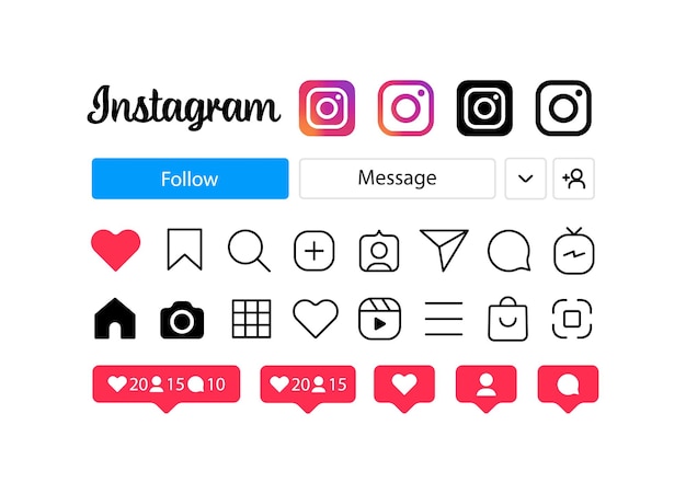 Instagram un ensemble d'icônes et de boutons pour le site Vector illustration éditoriale