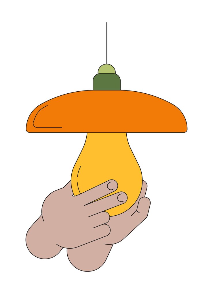 Vecteur installation d'une ampoule dans une lampe illustration linéaire des mains d'un personnage de dessin animé