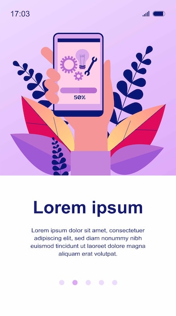 Installation De L'application Pour Smartphone. à Moitié Chargé, Paramètres Du Téléphone, Illustration De L'écran De L'appareil. Application, Concept De Maintenance Pour Bannière, Site Web Ou Page Web De Destination