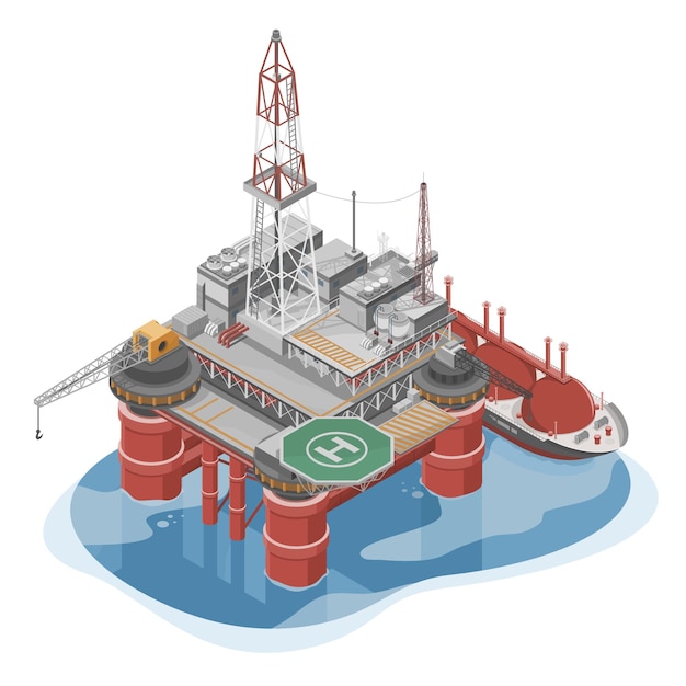 Vecteur installation de forage de plate-forme pétrolière et gazière offshore et illustration de dessin animé de navire infographie de l'industrie pétrolière