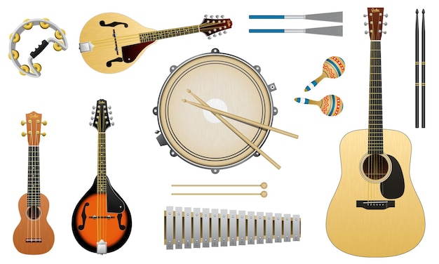 Vecteur instruments acoustiques musicaux guitare à cordes ukulélé batterie métallophone domra balalaika ou mandoline ensemble d'éléments pour affiches et bannières de concert