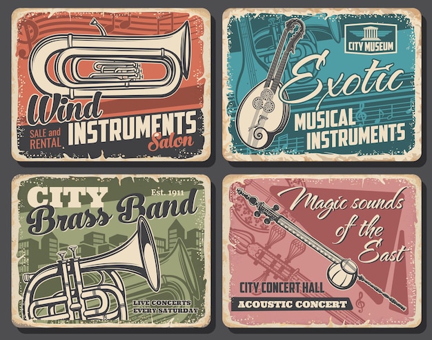 Instruments de musique et affiches rétro de concerts acoustiques en direct