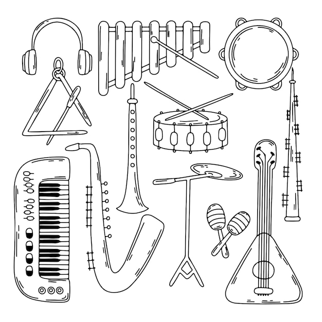 Instruments De Musique Dans Le Style De Doodles Dessinés à La Main Ensemble Vectoriel D'éléments Musicaux