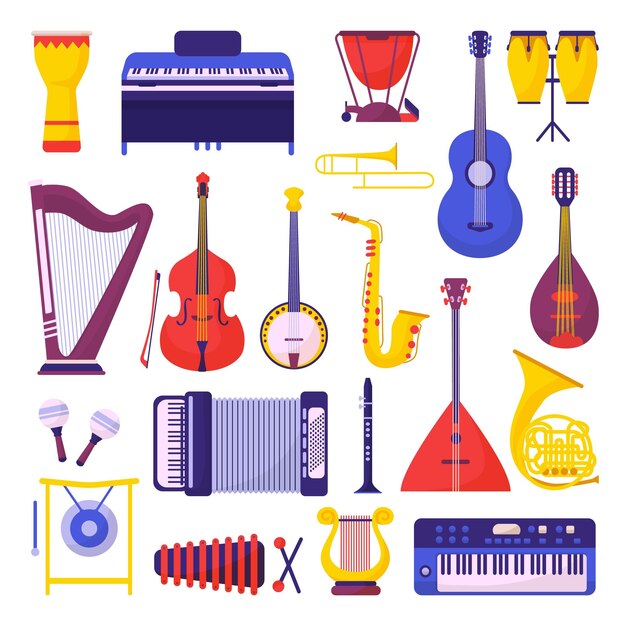 Instruments De Musique De Dessins Animés Plats Eléments De Compositeur De Clipart Instrumental De Musique Piano Et Clarinette Accordéon Et Trompette Ensemble Vectoriel D'orchestre Néotérique De Musique D'instrument à L'illustration D'orchestre