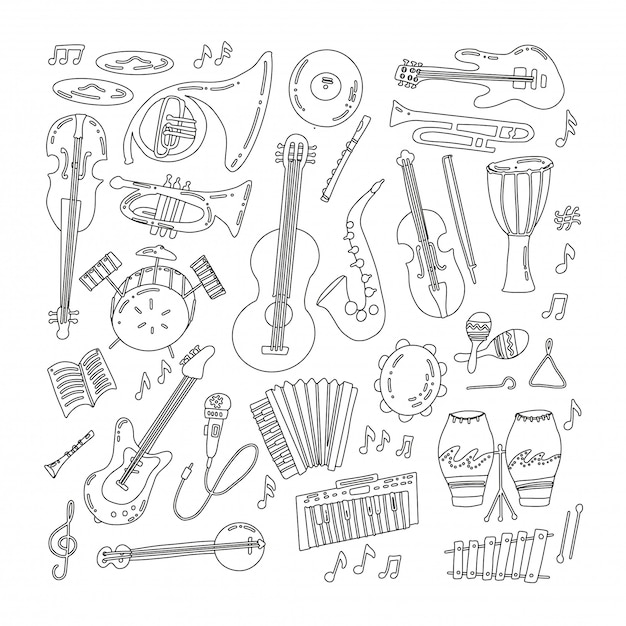 Vecteur instruments de musique doodle dessinés à la main