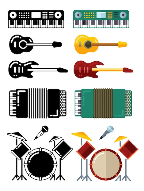 Instruments De Musique, Icônes De Silhouettes Plates Isolés Sur Fond Blanc