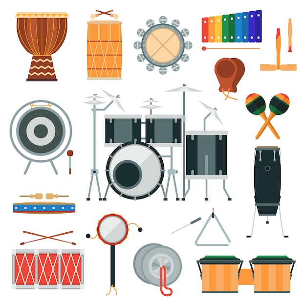 Vecteur instruments de musique de percussion de vecteur dans le style plat.