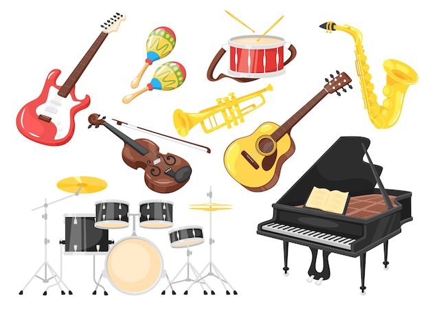 Instruments de musique pour la performance : piano, violon, tambour. Style de dessin animé, illustration vectorielle isolée sur fond blanc.