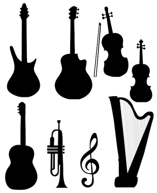 Instruments De Musique Set Silhouette Isolé Sur Fond Blanc Vecteur