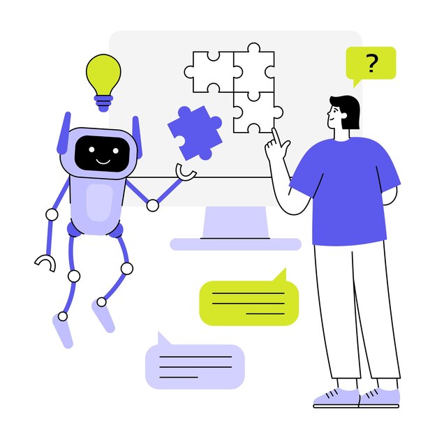 L'intelligence artificielle aide un humain à résoudre une tâche de travail Un robot mignon donne une idée à un puzzle illustration vectorielle plate Un type travaillant sur un ordinateur