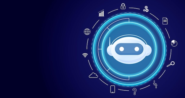 L'intelligence artificielle chat bot technologie robot numérique visage en hologramme rond données en nuage service en ligne communication Internet chatbot support d'application virtuelle moderne illustration vectorielle