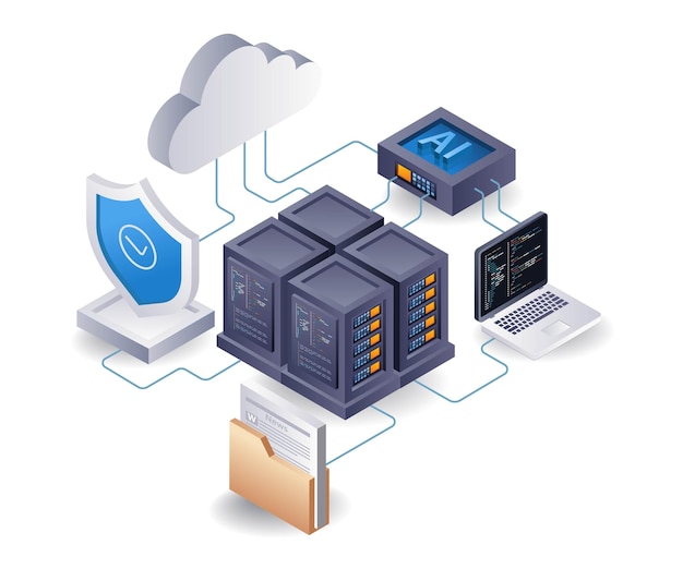 L'intelligence artificielle pour la sécurité du serveur en nuage illustration 3D isométrique plate