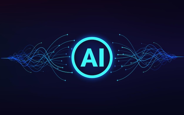 Intelligence artificielle. Texte AI au centre et vagues bleues en mouvement.