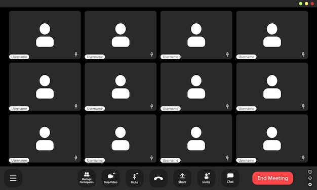 Interface d'appel vidéo vide avec des icônes de participants et des commandes audio silencieuses pendant une session de réunion en ligne