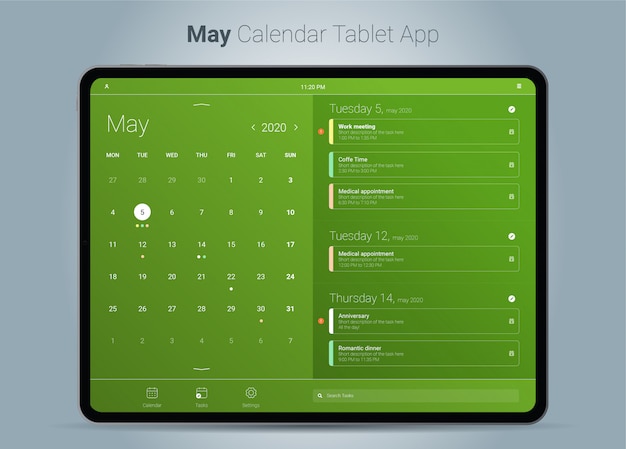 Vecteur interface de l'application tablette de calendrier de mai