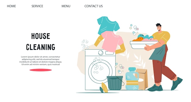 Interface De Bannière De Site Web Avec L'homme Faisant La Lessive Et Les Tâches Ménagères Vecteur Plat