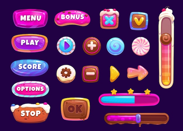 Interface de jeu boutons de biscuits de bonbons et fenêtre