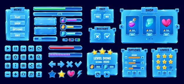 Interface de jeu de cristal de glace et boutons d'actif de jeu